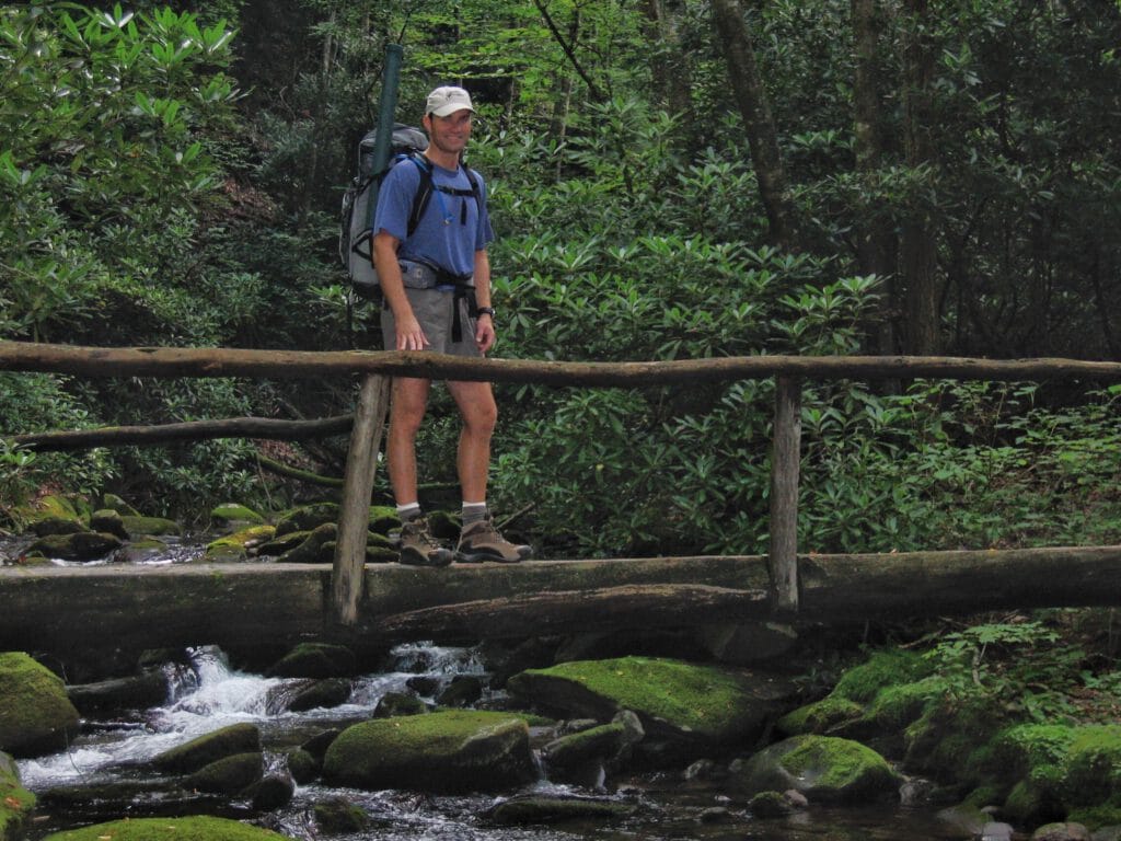 Travis field testing a new (at the time) Osprey Atmos 50 on a Backpacking/Fly Fishing double-header in the Smokies. 