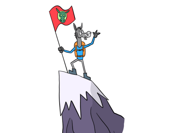 trusty cartoon at the peak of a mountain